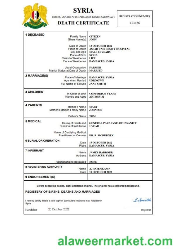 Syria vital record death certificate Word and PDF template